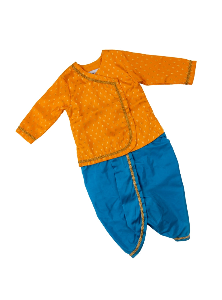 Hemant Set - Mango Yellow brocade silk kurta , Blue cotton silk dhoti set for a baby boy