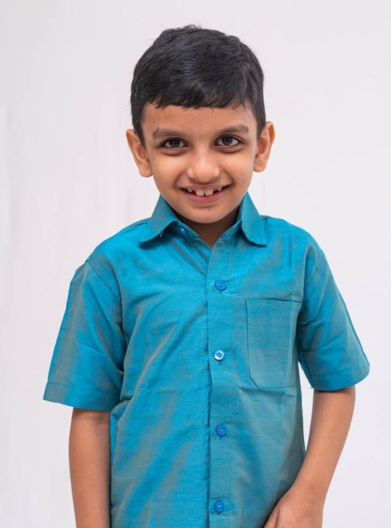 Teal Blue Plain Slub Cotton silk half sleeved shirt for Boys