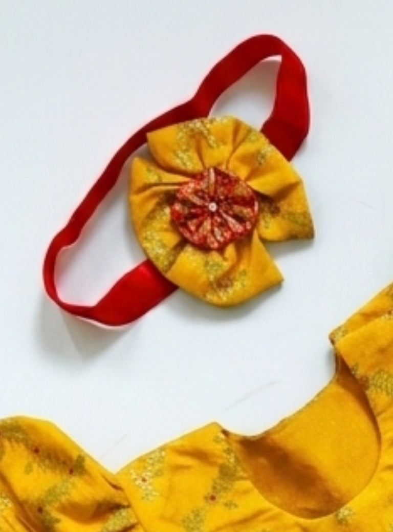 Shubha Yellow Brocade Silk Baby Girl Dress with Headband
