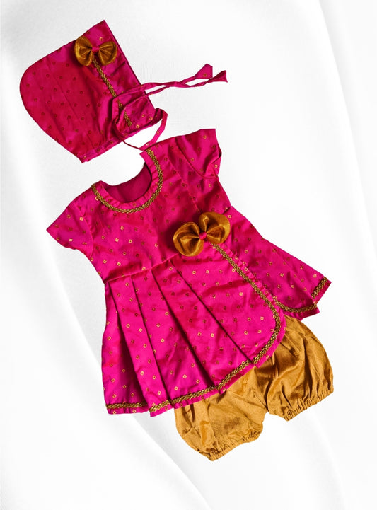 Anvi Set - Rani Pink Brocade silk front open box pleated Newborn dress with a cute little bow detailing.Traditional dress for Noolukettu Ceremony,Pachavi Puja,cradle ceremony,Rice Ceremony,Chatti Puja etc.Apt gifting idea