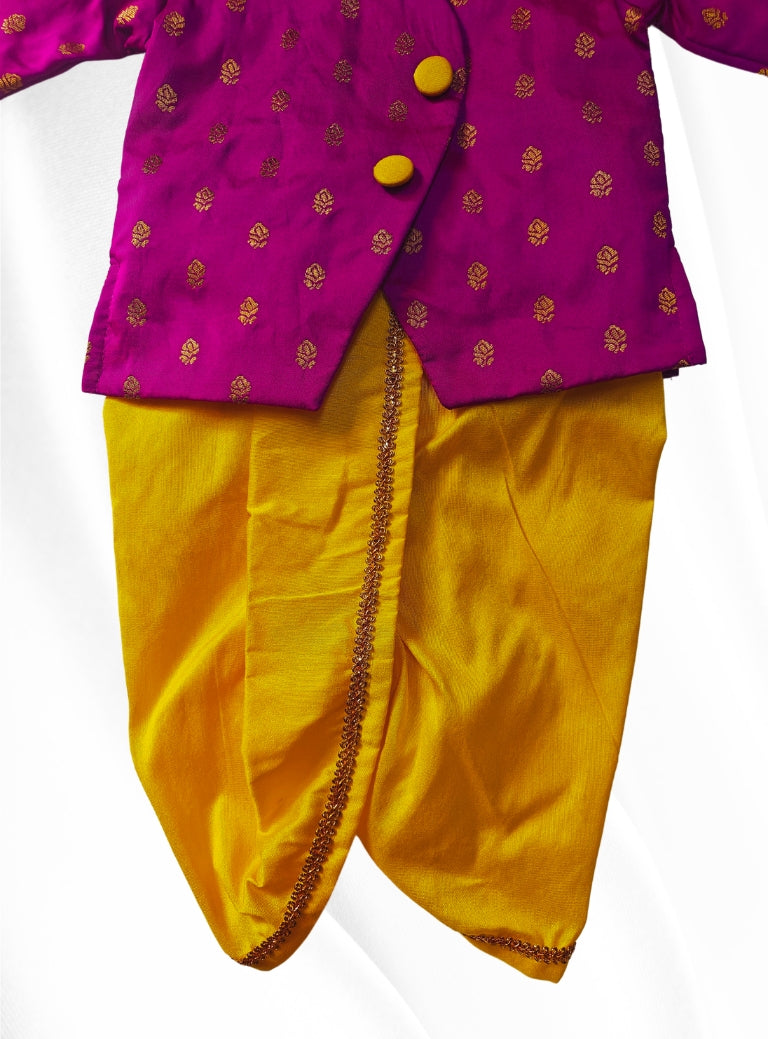 Purple brocade silk overlap kurta and Yellow cotton silk dhoti set for Newborn Baby Boy.It's the perfect outfit for your baby's naming ceremony,naamkaran,annaprashan ceremony.Traditional dress for Noolukettu Ceremony,Pachavi Puja,cradle ceremony,Rice Ceremony,Chatti Puja etc. Apt gifting idea.