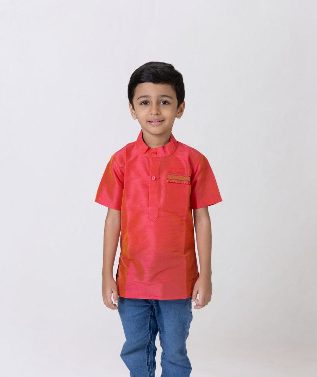 Coral Dupion silk stand collar half sleeves short kurta with paithani lace detailing on pocket for Boys