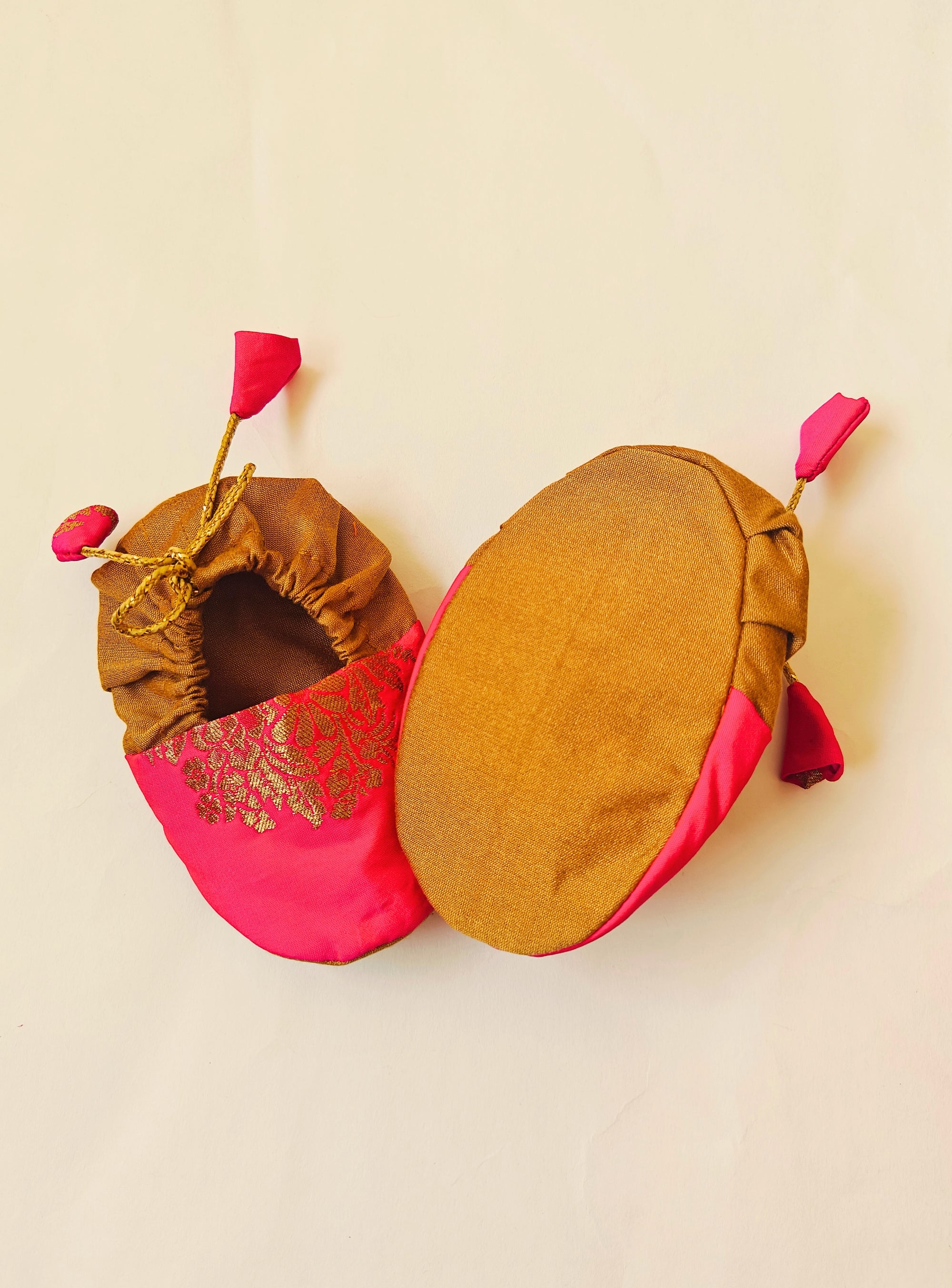 Adjustable brocade silk booties / fabric shoes / ethnic footwear / jooti / mojari / golden socs for a newborn baby. Can be teamed with any traditional dress. 