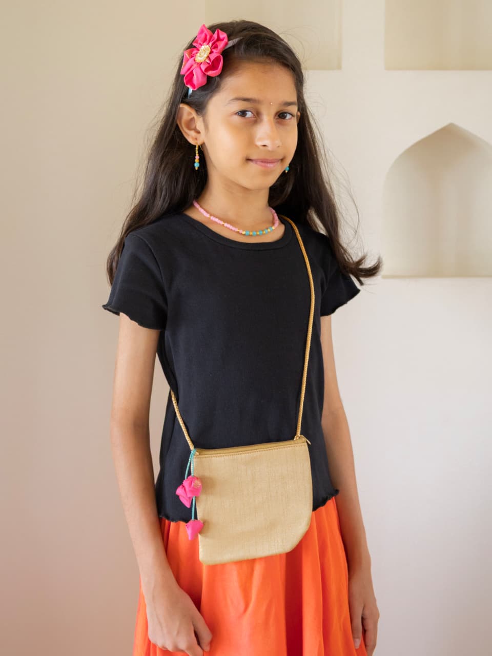 Purna set - Baby Pink and Sky Blue necklace earrings set, matching flower motif Headband and a  coordinated sling purse for girls