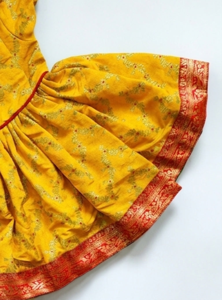 Shubha Yellow Brocade Silk Baby Girl Dress with Headband