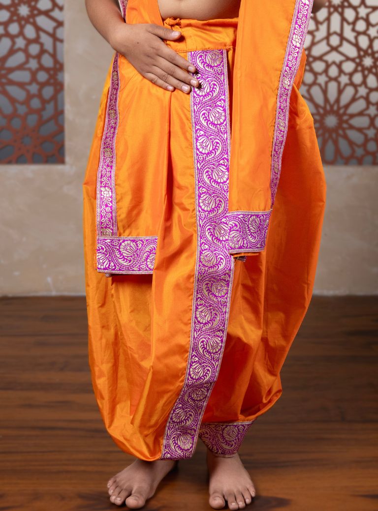 Saffron Mysore Silk Sovale-Uparane Set With Magenta Banarasi Border