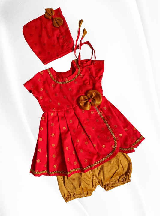 Anvi Set - Red Brocade silk front open box pleated Newborn dress with a cute little bow detailing.Traditional dress for Noolukettu Ceremony,Pachavi Puja,cradle ceremony,Rice Ceremony,Chatti Puja etc.Apt gifting idea
