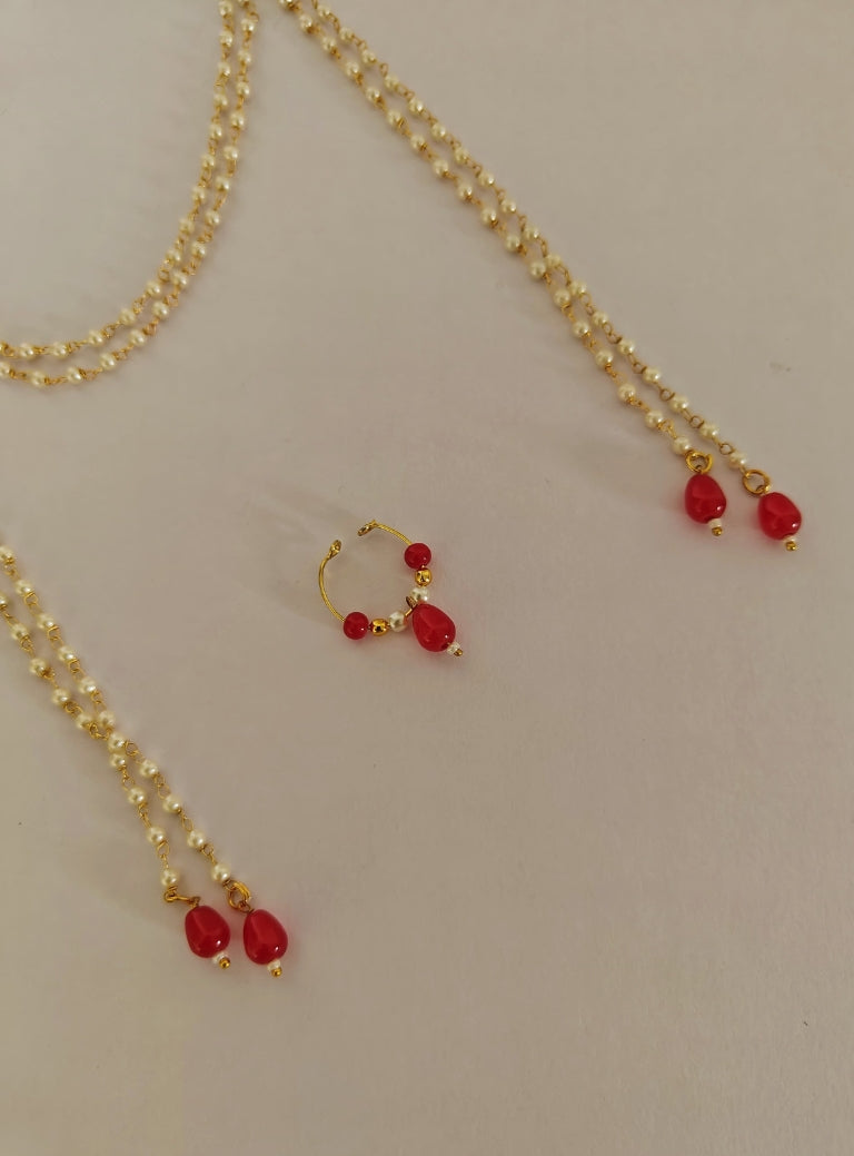 Pearls with Red glass beads Mundavali and bhikbali combo for batu/groom.Mundavalya,kanthi,bhikbali,topi,pagdi are boys accessories exclusively designed using Pearls,glass beads,jadau & gold plated findings for Batu,for Upanayan/Vratabandha/munj /thread ceremony.