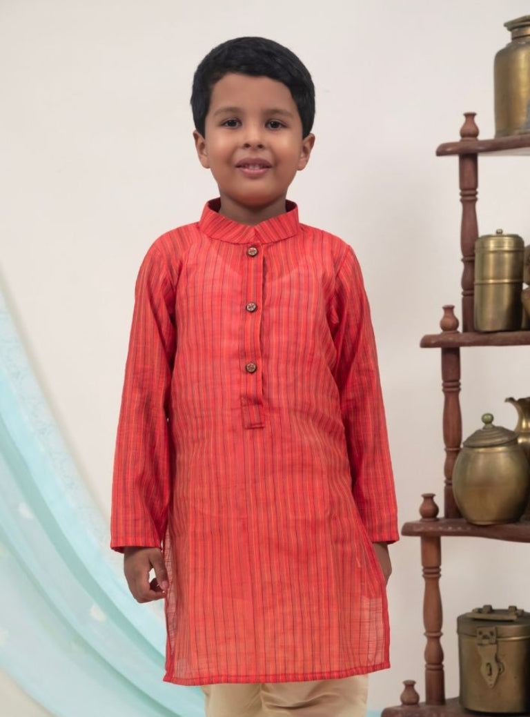 Rust Orange Striped Cotton Silk  Kurta