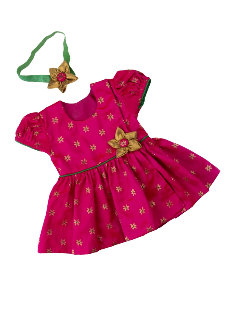 Sadafuli set - Rani Pink brocade silk front open frock with puff sleeves,embellished with a handmade fabric flower for Baby Girls.It's the perfect outfit for your baby's naming ceremony,naamkaran or annaprashan ceremony.Traditional dress for Noolukettu Ceremony,Pachavi Puja,cradle ceremony,Rice Ceremony,Chatti Puja etc.
