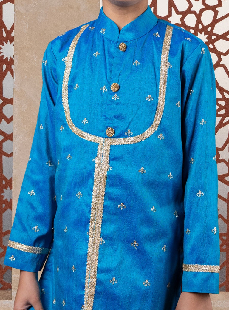 Teal Blue Raw Silk Yoke Kurta With Zari Embroidery For Batu
