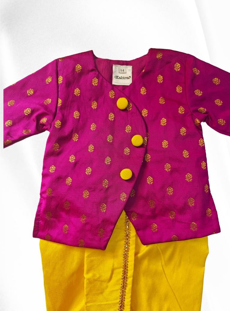 Purple brocade silk overlap kurta and Yellow cotton silk dhoti set for Newborn Baby Boy.It's the perfect outfit for your baby's naming ceremony,naamkaran,annaprashan ceremony.Traditional dress for Noolukettu Ceremony,Pachavi Puja,cradle ceremony,Rice Ceremony,Chatti Puja etc. Apt gifting idea.