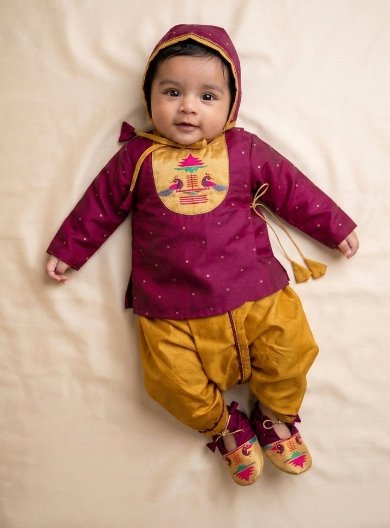 Rajas Baby Boy 4 Piece Plum Paithani Set