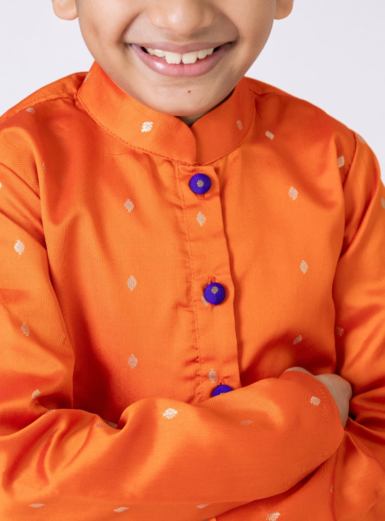 Orange Taffeta Silk Front Placket Kurta With Purple Buttons