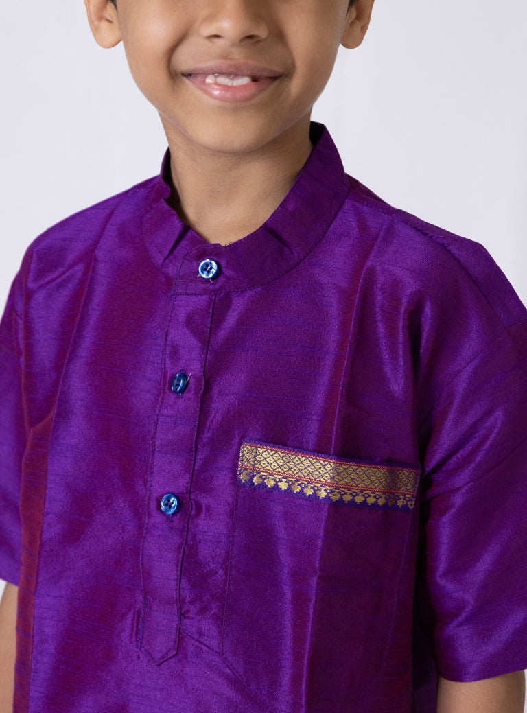 Purple Dupion Silk Half Sleeves Short Kurta With Pocket