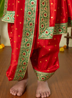 Red Taffeta Silk Sovale Uparane With Green Banarasi Border