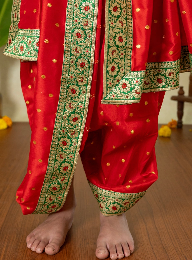 Red taffeta Silk Sovale uparane dhoti set with intricate green red banarasi border for Batu