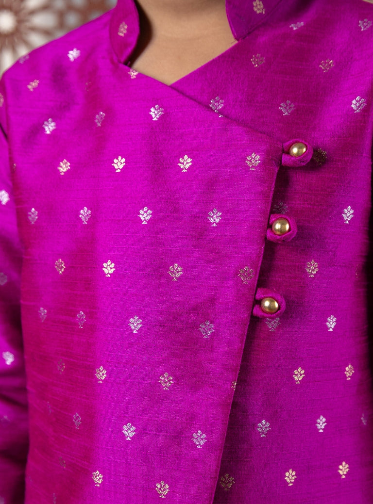 Magenta Raw Silk Short Kurta With Overlap Pattern