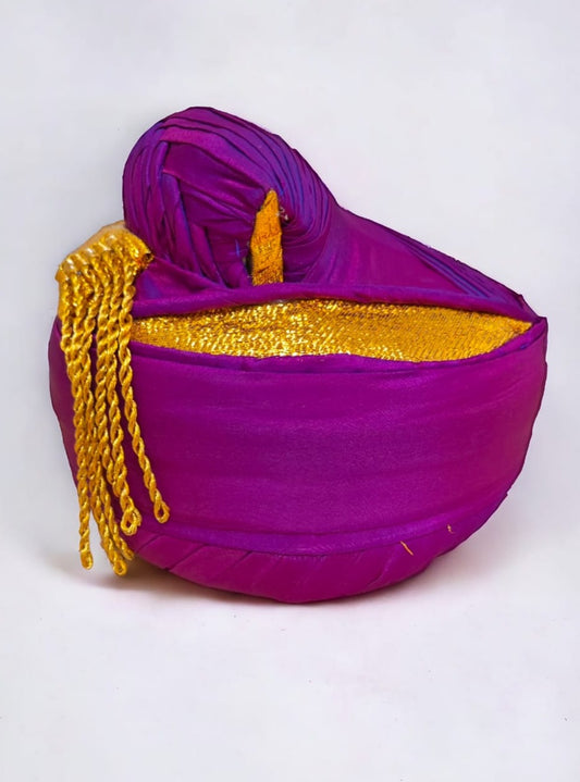 Plain Puneri Pagadi for Batu - Purple Mundavalya,kanthi,bhikbali,topi,pagdi are boys accessories exclusively designed using Pearls,glass beads,jadau & gold plated findings for Batu,for Upanayan/Vratabandha/munj /thread ceremony.