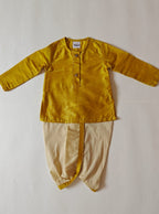 Olive Green cotton silk round neck kurta, Golden cotton silk dhoti with Tussar silk Jacket for Baby Boy.It's the perfect outfit for your baby's naming ceremony,naamkaran,annaprashan ceremony.Traditional dress for Noolukettu Ceremony,Pachavi Puja,cradle ceremony,Rice Ceremony,Chatti Puja etc. Apt gifting idea
