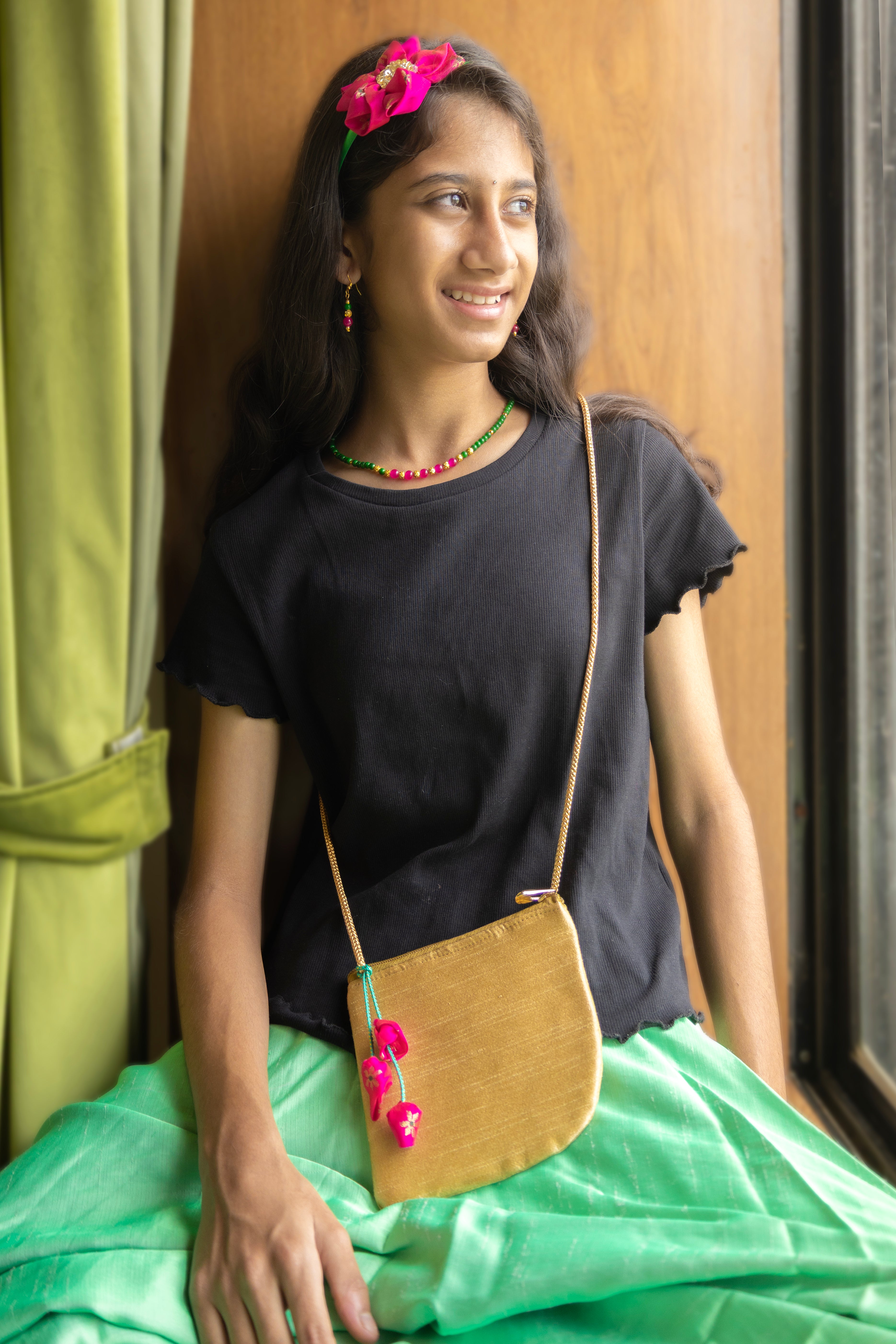 Purna set - Green and Pink necklace earrings set, matching flower motif Headband and a  coordinated sling purse for girls
