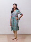 Turquoise soft silk Banaras brocade kurti with yoke pattern embellished with contrast pompom lace for Girls