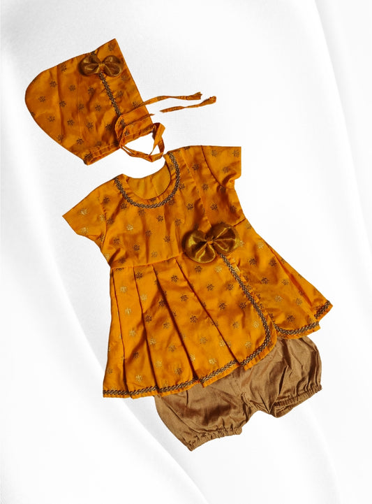 Anvi Set - Yellow Brocade silk front open box pleated Newborn dress with a cute little bow detailing.Traditional dress for Noolukettu Ceremony,Pachavi Puja,cradle ceremony,Rice Ceremony,Chatti Puja etc.Apt gifting idea