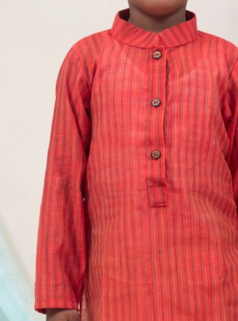 Rust Orange Striped Cotton Silk  Kurta