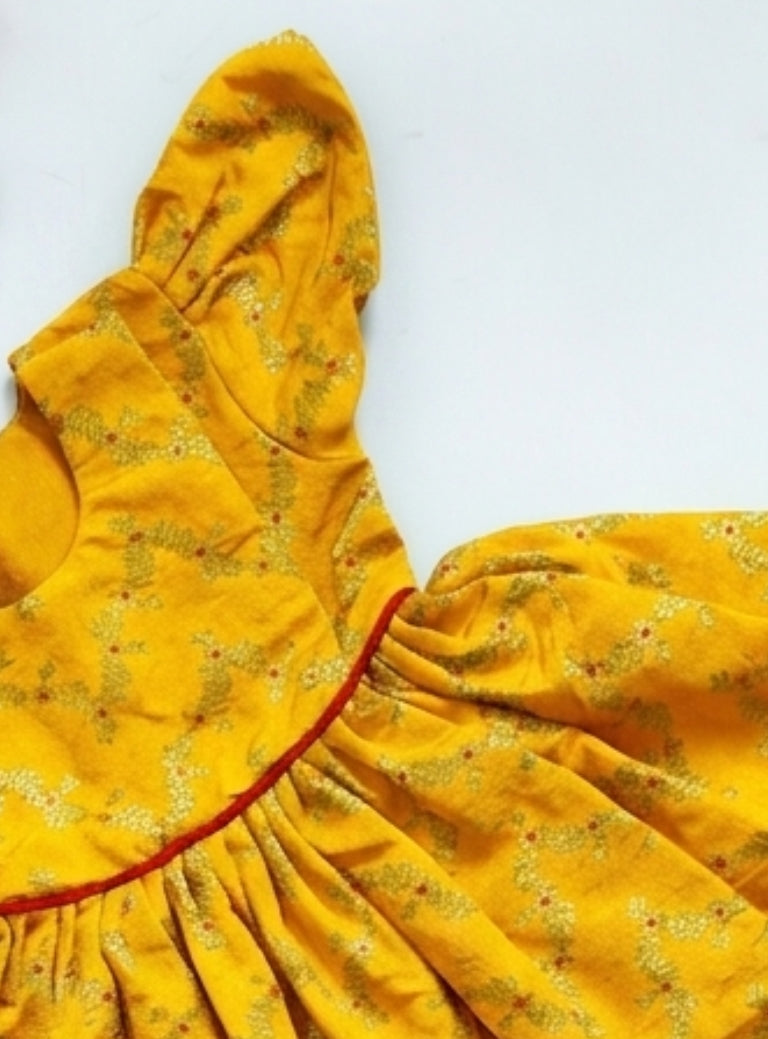 Shubha Yellow Brocade Silk Baby Girl Dress with Headband