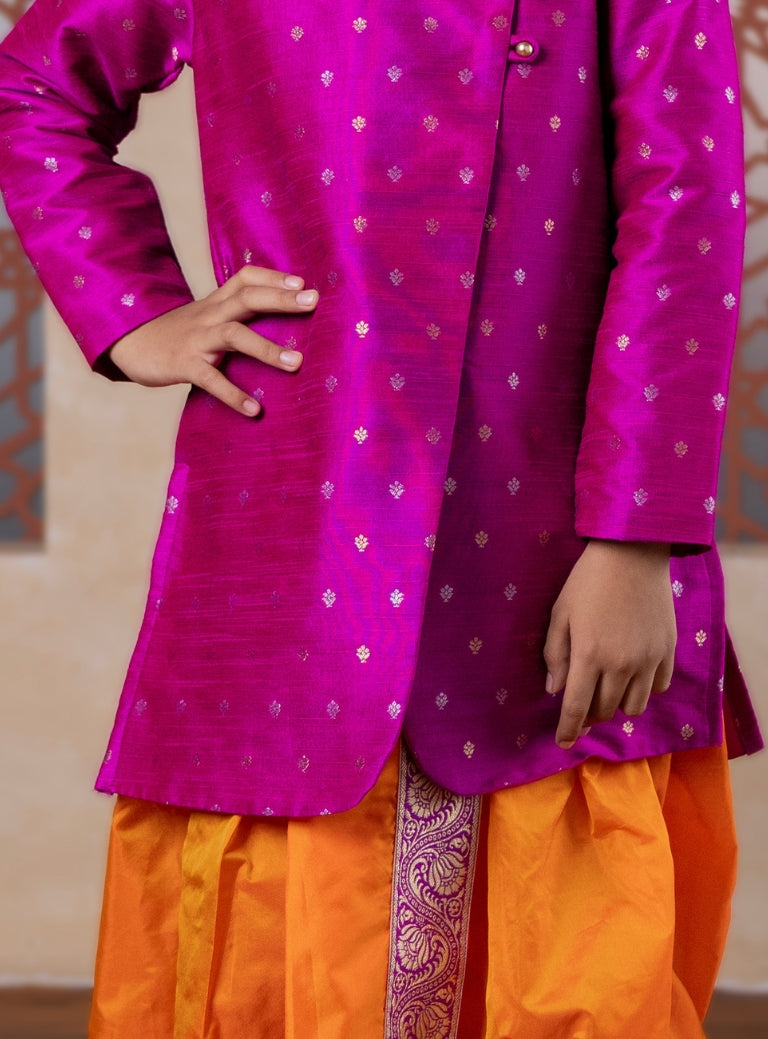 Magenta Raw Silk Short Kurta With Overlap Pattern