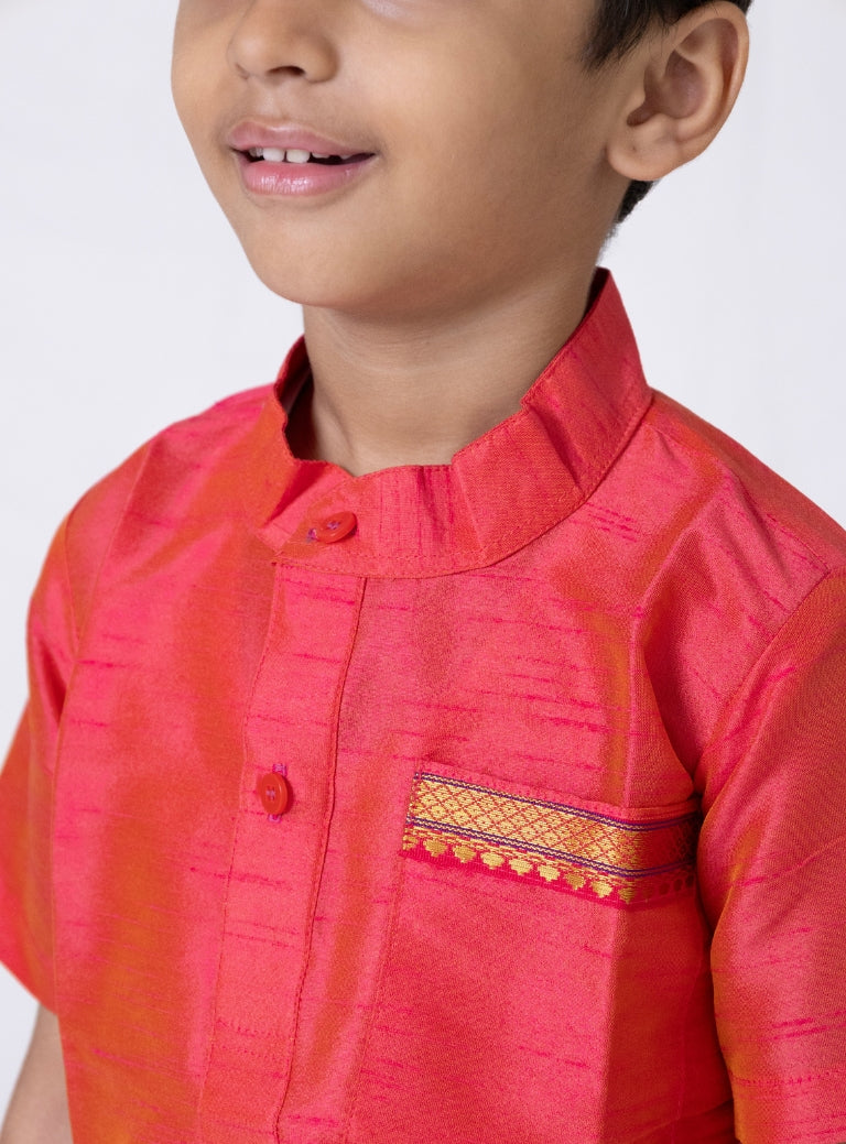 Coral Dupion Silk Half Sleeves Short Kurta With Pocket