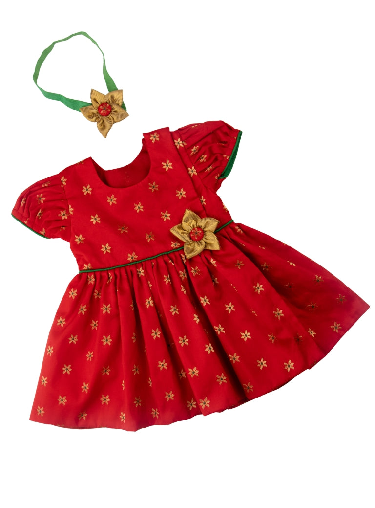 Sadafuli set - Red brocade silk front open frock with puff sleeves, embellished with a handmade fabric flower for Baby Girls.It's the perfect outfit for your baby's naming ceremony,naamkaran or annaprashan ceremony.Traditional dress for Noolukettu Ceremony,Pachavi Puja,cradle ceremony,Rice Ceremony,Chatti Puja etc.