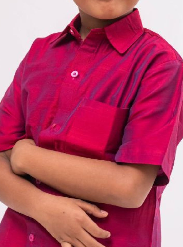 Crimson Plain Slub Cotton silk half sleeved shirt for Boys