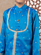 Teal Blue Raw Silk Yoke Kurta With Zari Embroidery For Batu