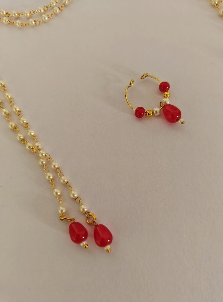 Pearls with Red glass beads Mundavali and bhikbali combo for batu/groom.Mundavalya,kanthi,bhikbali,topi,pagdi are boys accessories exclusively designed using Pearls,glass beads,jadau & gold plated findings for Batu,for Upanayan/Vratabandha/munj /thread ceremony.