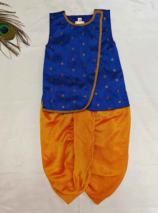 Mango silk Dhoti with front open royal blue sleeveless Kurta.It's the perfect outfit for your baby's naming ceremony,naamkaran,annaprashan ceremony.Traditional dress for Noolukettu Ceremony,Pachavi Puja,cradle ceremony,Rice Ceremony,Chatti Puja etc. Apt gifting idea