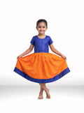 Orange Kotta Silk Flared Dress With Blue Brocade Silk Bodice