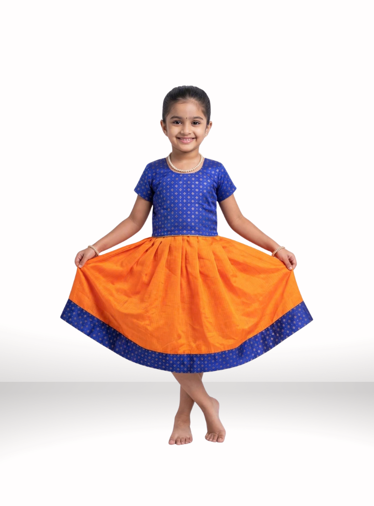 Orange Kotta Silk Flared Dress With Blue Brocade Silk Bodice