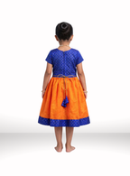 Orange Kotta Silk Flared Dress With Blue Brocade Silk Bodice