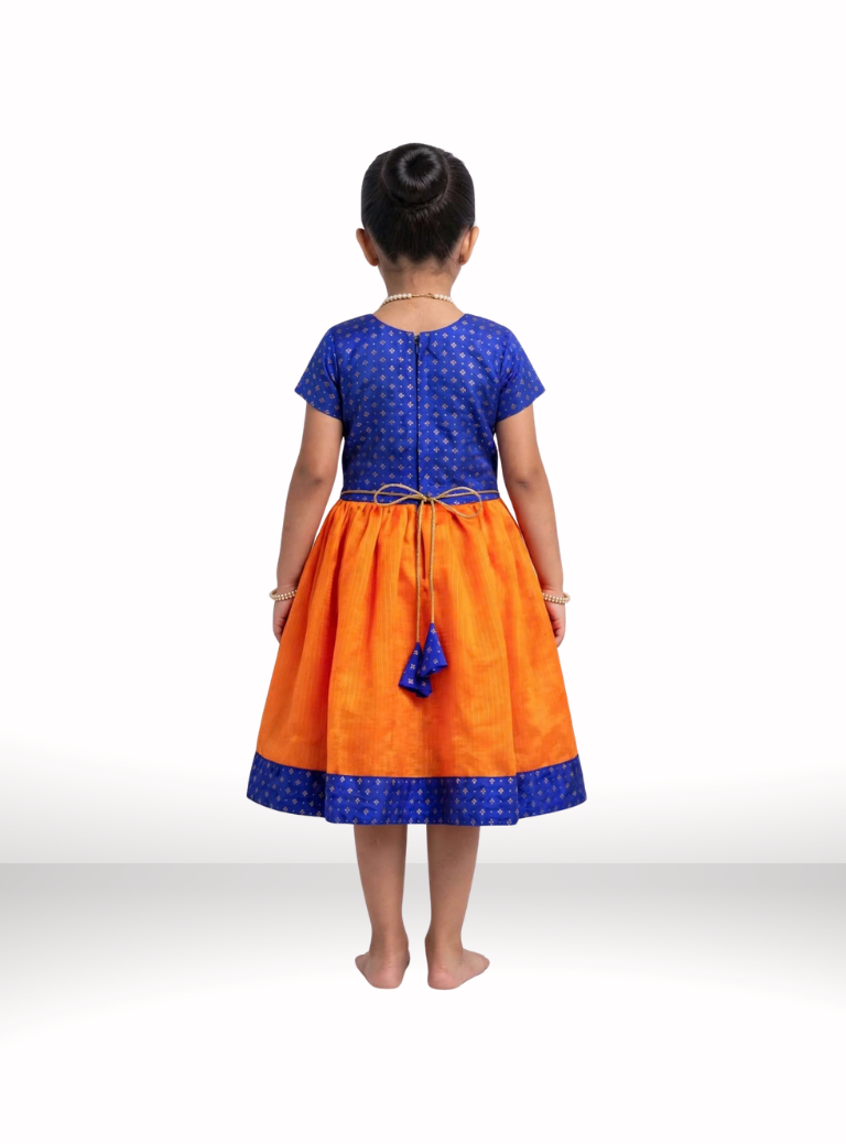 Orange Kotta Silk Flared Dress With Blue Brocade Silk Bodice