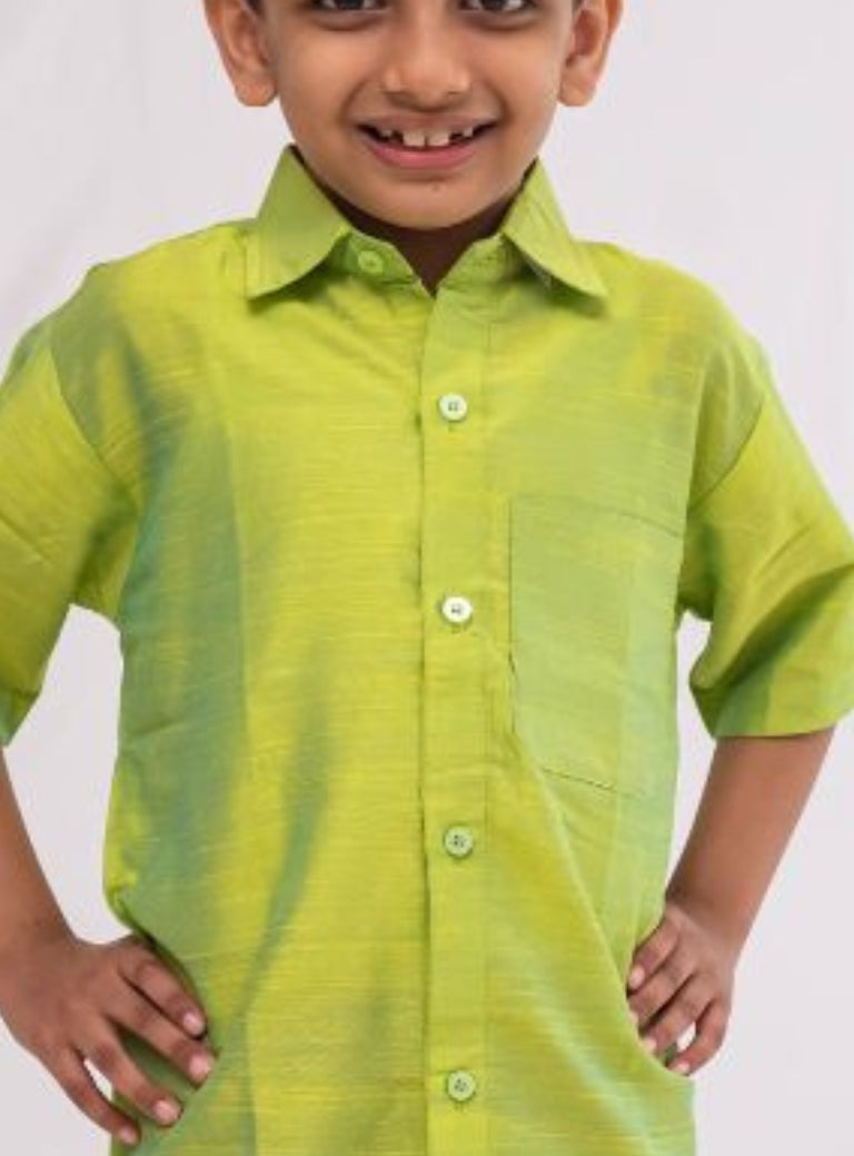 Parrot Green Plain Slub Cotton silk half sleeved shirt for Boys
