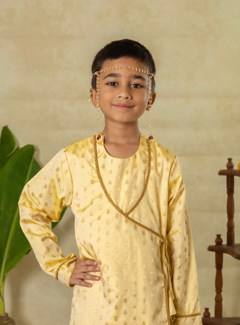 Cream Soft Brocade Silk Angarakha Kurta With Latkans