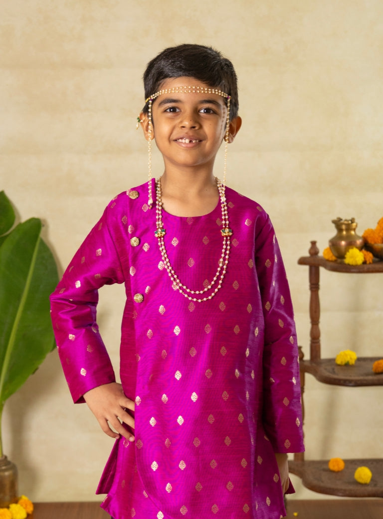 Magenta Raw Silk Asymmetric High Low Short Kurta