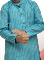 Teal Blue Striped Cotton Silk  Kurta