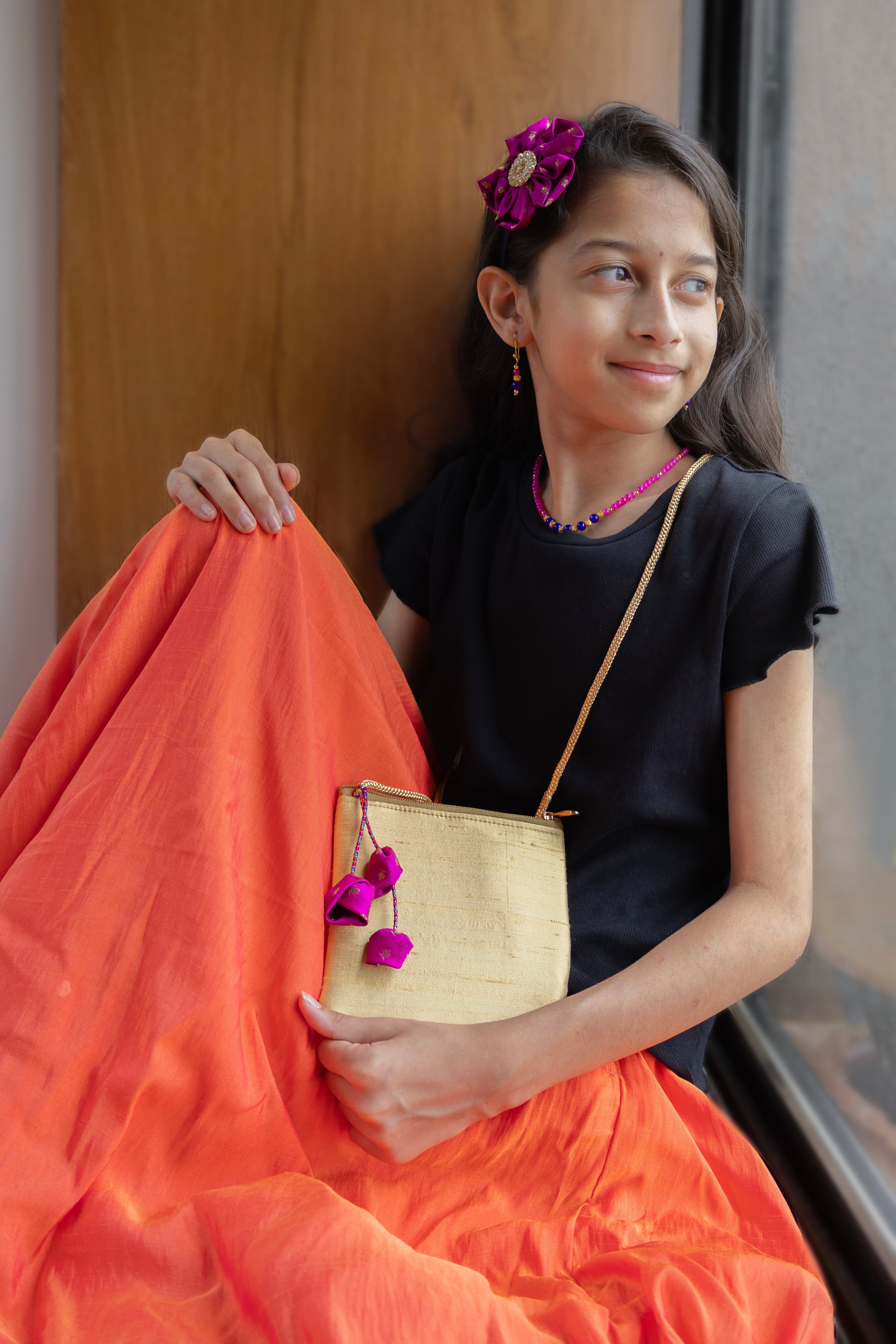 Purna set - Magenta and Navy Blue necklace earrings set, matching flower motif Headband and a  coordinated sling purse for girls