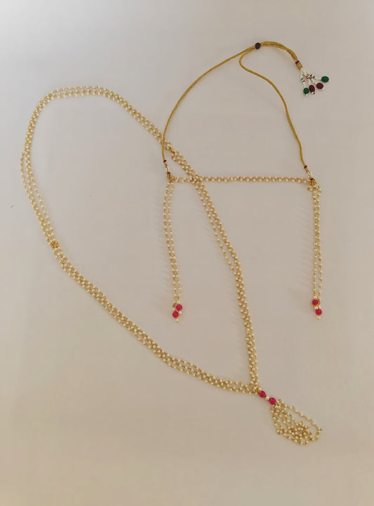 Pearls and pink glass beads Mundavali and Janave combo for Brahmavadini.Mundavalya,kanthi,bhikbali,topi,pagdi are boys accessories exclusively designed using Pearls,glass beads,jadau & gold plated findings for Brahmavadini,for Upanayan/Vratabandha/munj /thread ceremony.