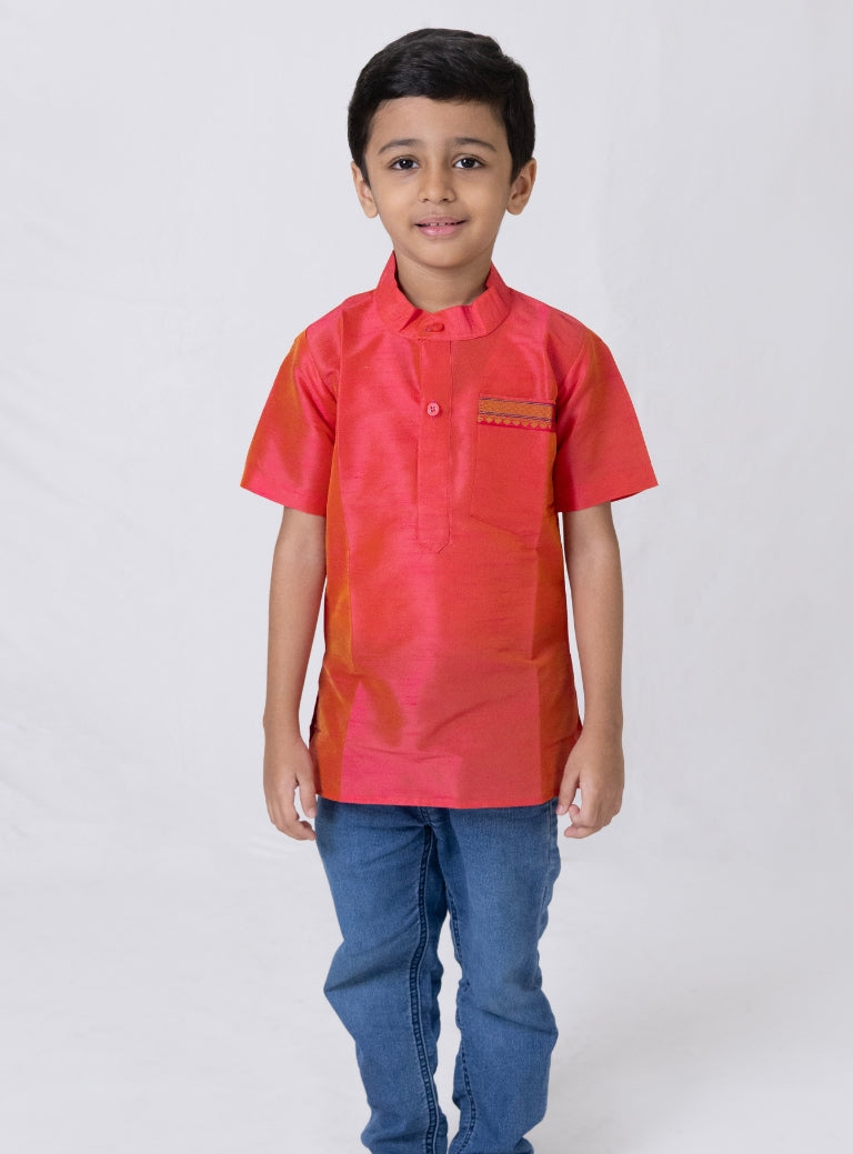 Coral Dupion Silk Half Sleeves Short Kurta With Pocket