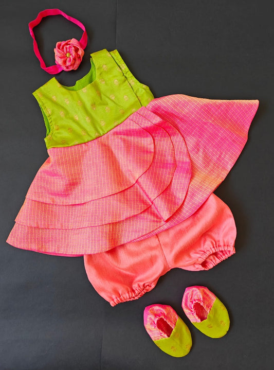 Lime Green soft brocade & pink front open layered dress with bloomer,headband,booties for a newborn baby girl.It's the perfect outfit for your baby's naming ceremony,naamkaran or annaprashan ceremony.Traditional dress for Noolukettu Ceremony,Pachavi Puja,cradle ceremony,Rice Ceremony,Chatti Puja etc. Apt gifting idea