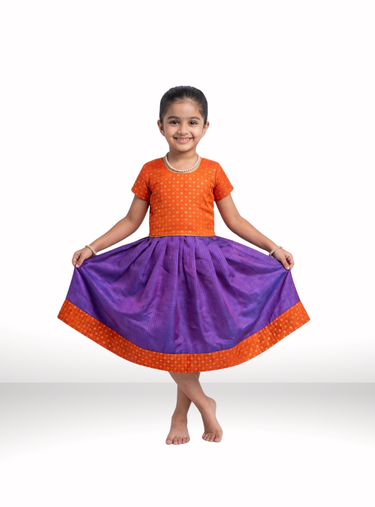 Purple Kotta Silk Flared Dress With Orange Brocade Silk Bodice