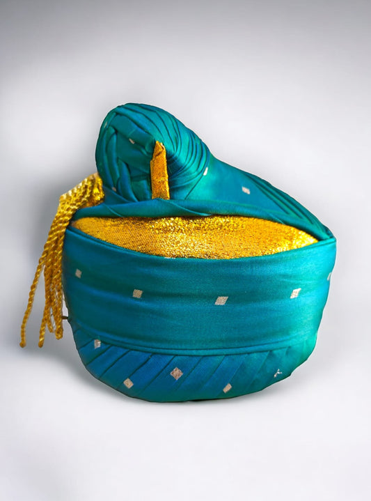 Puneri Pagadi for Batu with Satin Taffeta Square Butta fabric - Aqua Green.Mundavalya,kanthi,bhikbali,topi,pagdi are boys accessories exclusively designed using Pearls,glass beads,jadau & gold plated findings for Batu,for Upanayan/Vratabandha/munj /thread ceremony.